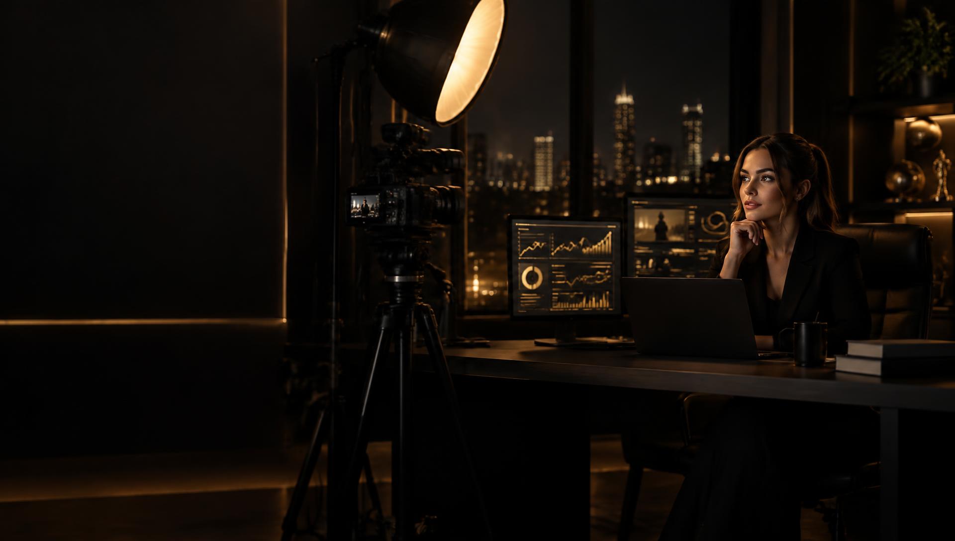 Creator in a premium content studio with business analytics on screen